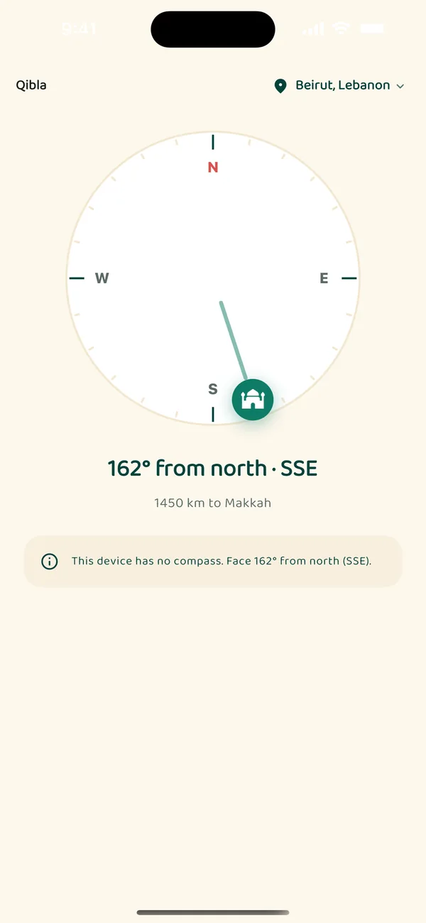 Qibla compass pointing to Makkah
