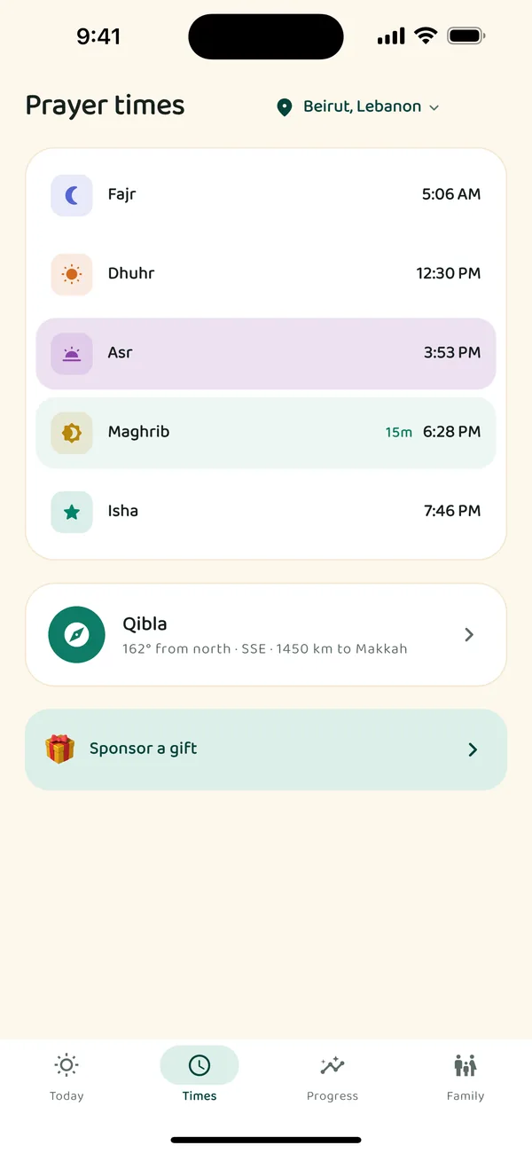 Prayer times for the family’s city